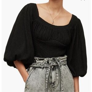NWT. All Saints Women Tia Crop Top Black Textured Lightweight Puff Sleeve Sz 8